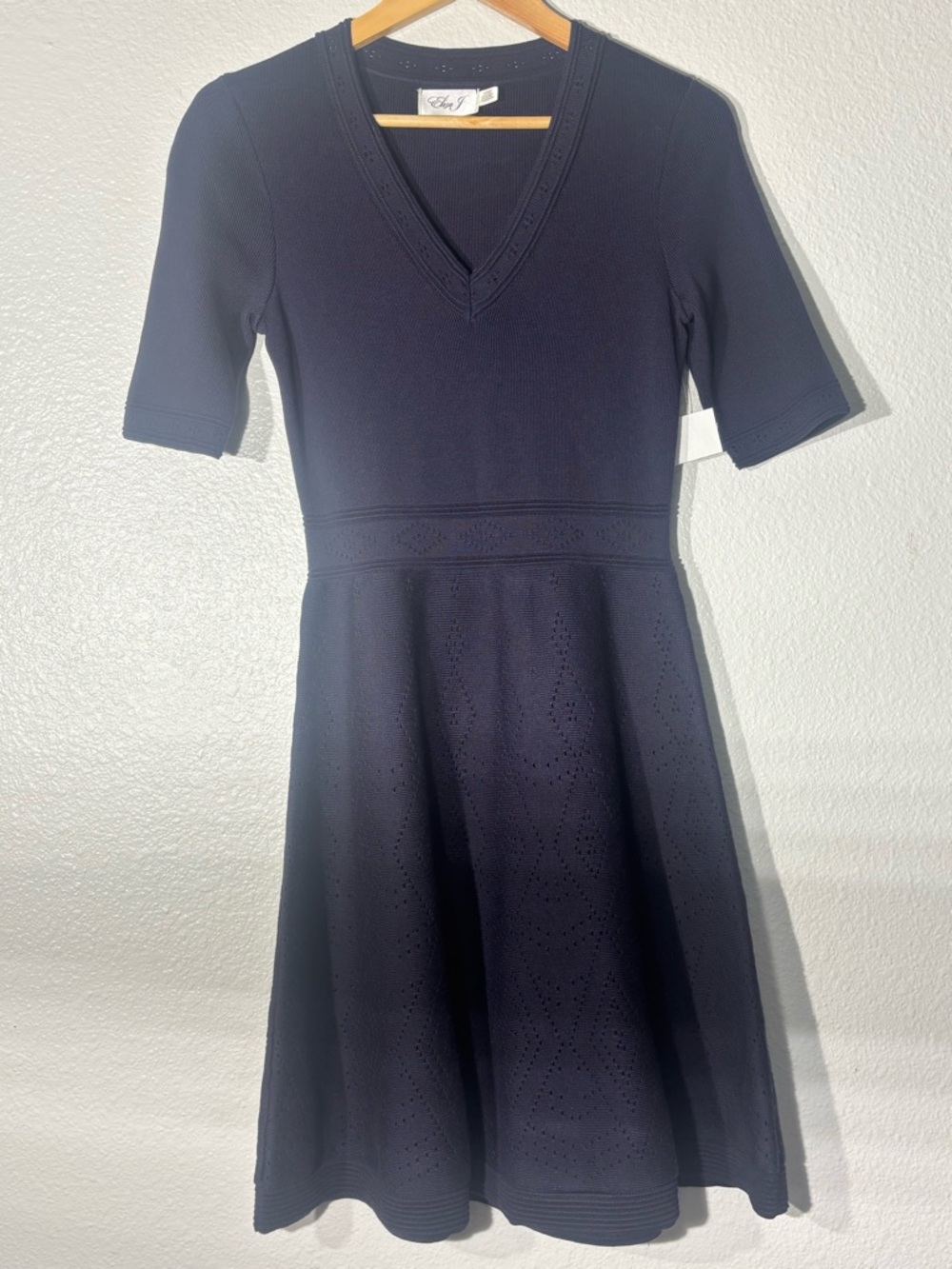 Eliza J Classic Navy V-Neck A-Line Fit-and-Flare  Knit Sweater Dress - Picture 4 of 16